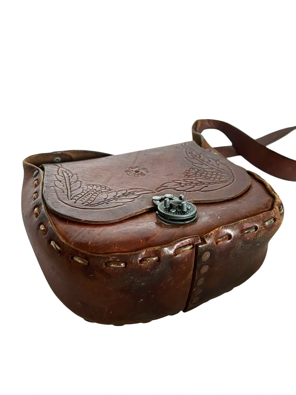 Vintage 70s Hand Tooled Leather Crossbody Saddle Bag Brown Boho Western Purse